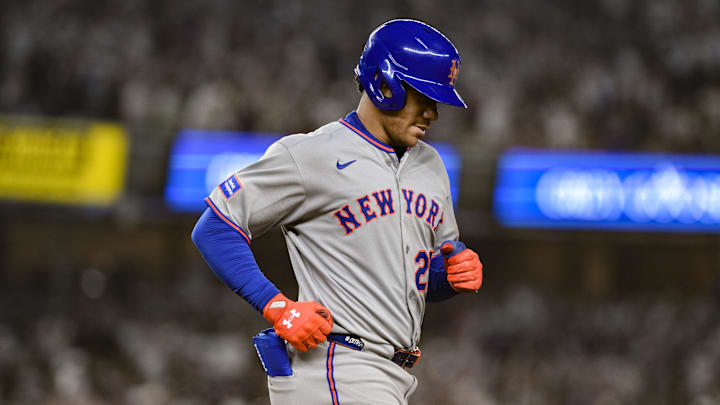 May 16, 2025; Bronx, New York, USA; New York Mets outfielder Juan Soto (22) reacts after grounding out against the New York Yankees during the seventh inning at Yankee Stadium. Mandatory Credit: John Jones-Imagn Images
