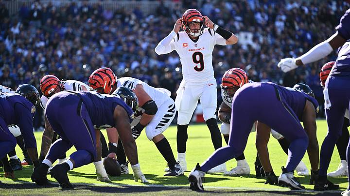 Oct 25, 2026; Baltimore, Maryland, USA;  Cincinnati Bengals quarterback Joe Burrow (9) gestures during the second half against the Baltimore Ravens at M&T Bank Stadium. Mandatory Credit: Jamie Sabau-Imagn Images