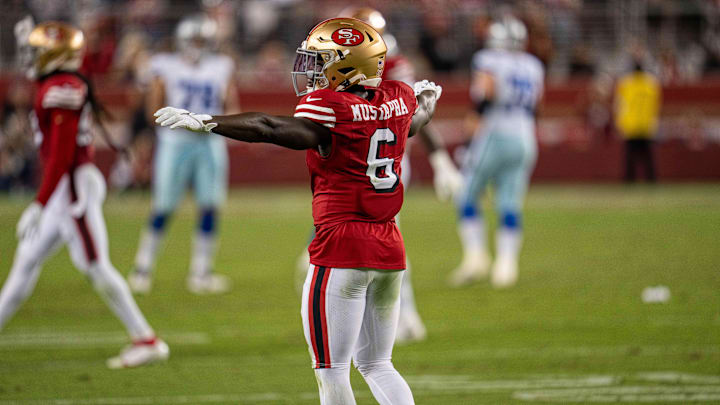 Oct 27, 2024; Santa Clara, California, USA; San Francisco 49ers safety Malik Mustapha (6) celebrates after Dallas Cowboys quarterback Dak Prescott (not pictured) pass is incomplete during the third quarter at Levi's Stadium. Mandatory Credit: Neville E. Guard-Imagn Images Oct 27, 2024; Santa Clara, California, USA; San Francisco 49ers safety Malik Mustapha (6) celebrates after Dallas Cowboys quarterback Dak Prescott (not pictured) pass is incomplete during the third quarter at Levi's Stadium. Mandatory Credit: Neville E. Guard-Imagn Images