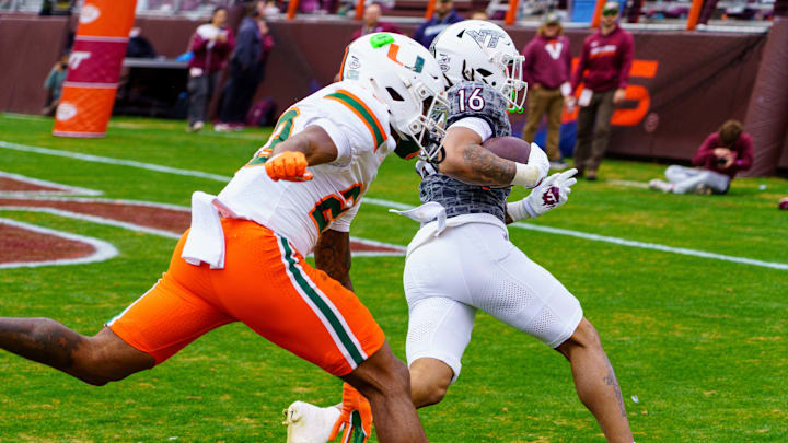 Nov 22, 2025; Blacksburg, Va.; Virginia Tech running back Jeffrey Overton (16) runs in for the touchdown against Miami. Nov 22, 2025; Blacksburg, Va.; Virginia Tech running back Jeffrey Overton (16) runs in for the touchdown against Miami.
