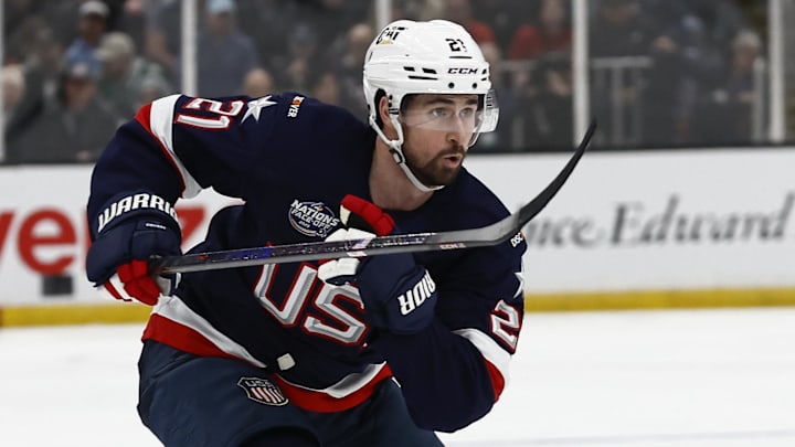 Feb 20, 2025; Boston, MA, USA; United States forward Dylan Larkin (21) during the 4 Nations Face-Off ice hockey championship game against Canada at TD Garden. Mandatory Credit: Winslow Townson-Imagn Images