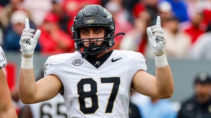 Wake Forest Demon Deacons tight end Charlie Wingfield (87) reacts after a touchdown during the second half of the game against NC State Wolfpack at Carter-Finley Stadium. Wake Forest Demon Deacons tight end Charlie Wingfield (87) reacts after a touchdown during the second half of the game against NC State Wolfpack at Carter-Finley Stadium.