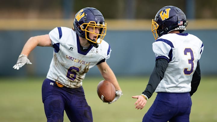 Waterville's Jacob Haeflin (left) scores and celebrates with Joey Hutchings at Bishop Grimes Junior/Senior High School in East Syracuse, NY on Saturday, November 2, 2024.