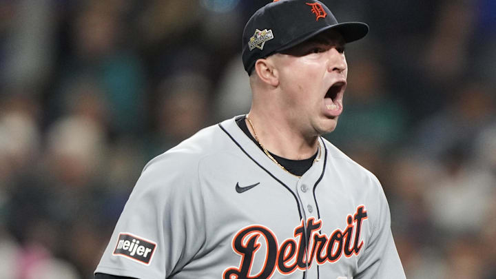 Oct 10, 2025; Seattle, Washington, USA; Detroit Tigers starting pitcher Tarik Skubal (29) reacts after striking out Seattle Mariners catcher Cal Raleigh (not pictured) during the sixth inning during game five of the ALDS round for the 2025 MLB playoffs at T-Mobile Park. 