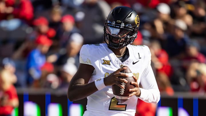Oct 19, 2024; Tucson, Arizona, USA; Colorado Buffalos quarterback Shedeur Sanders (2) against the Arizona Wildcats at Arizona Stadium. Mandatory Credit: Mark J. Rebilas-Imagn Images Oct 19, 2024; Tucson, Arizona, USA; Colorado Buffalos quarterback Shedeur Sanders (2) against the Arizona Wildcats at Arizona Stadium. Mandatory Credit: Mark J. Rebilas-Imagn Images