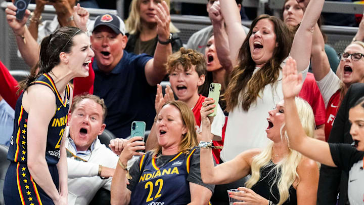 Indiana Fever guard Caitlin Clark (22) celebrates after scoring a 3-pointer Tuesday, June 17, 2025, during a game between the Indiana Fever and the Connecticut Sun at Gainbridge Fieldhouse in Indianapolis. The Indiana Fever defeated the Connecticut Sun, 88-71.
