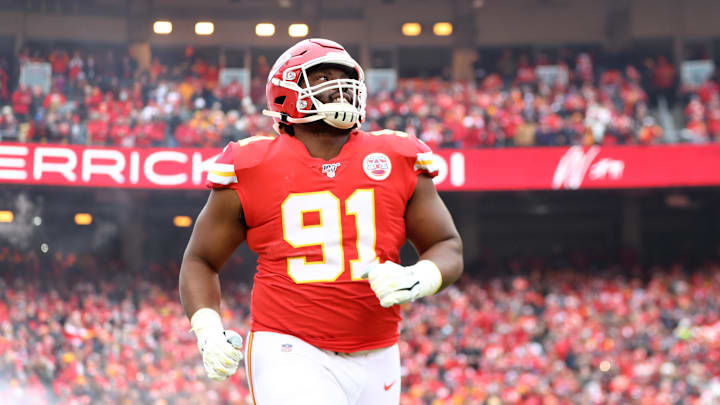 Jan 12, 2020; Kansas City, Missouri, USA; Kansas City Chiefs defensive tackle Derrick Nnadi (91) against the Houston Texans in the AFC Divisional Round playoff football game at Arrowhead Stadium. Mandatory Credit: Mark J. Rebilas-Imagn Images