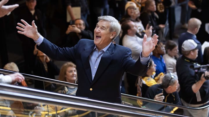 Oct 11, 2023; Boston, Massachusetts, USA; Boston Bruins Hall of Famer Bobby Orr greets other former players as he enters TD Garden during ceremonies honoring the Boston Bruins 100th year in the NHL. Mandatory Credit: Winslow Townson-Imagn Images
