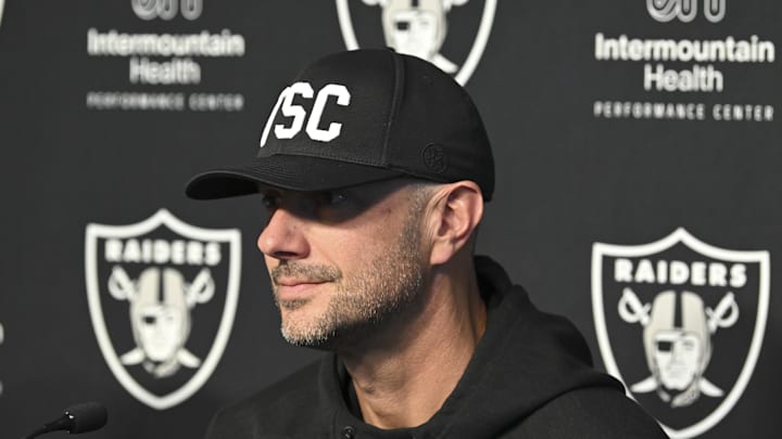 Apr 25, 2025; Henderson, NV, USA; (L-R) Las Vegas Raiders general manager John Spytek during a news conference introducing Ashton Jeanty as the first round draft pick in the 2025 NFL Draft at Intermountain Health Performance Center. Mandatory Credit: Candice Ward-Imagn Images