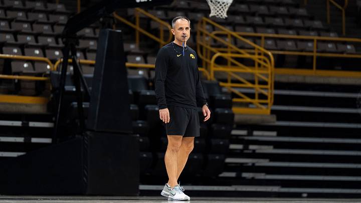 Iowa head coach Ben McCollum watches his team practice Oct. 12, 2026 at Carver-Hawkeye Arena in Iowa City, Iowa.