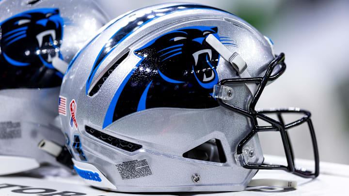 Sep 8, 2024; New Orleans, Louisiana, USA;  Detailed view of the Carolina Panthers helmet against the New Orleans Saints during the pregame at Caesars Superdome. Mandatory Credit: Stephen Lew-Imagn Images