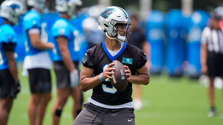 Carolina Panthers quarterback Bryce Young (9) looks downfield during the first day of mini camp Carolina Panthers quarterback Bryce Young (9) looks downfield during the first day of mini camp