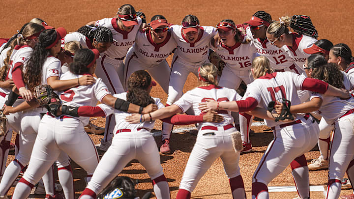 Oklahoma players shown on the field before the start of the game against Arkansas at Jack Turner Softball Stadium. Oklahoma players shown on the field before the start of the game against Arkansas at Jack Turner Softball Stadium.