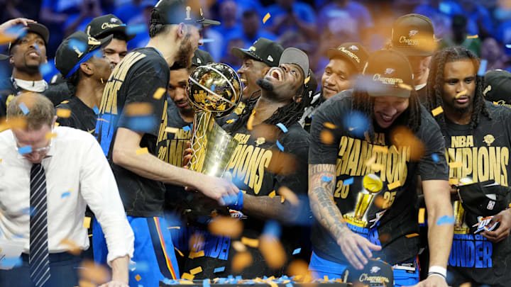 Jun 22, 2025; Oklahoma City, Oklahoma, USA; Oklahoma City Thunder guard Luguentz Dort (5) celebrates after winning game seven of the 2025 NBA Finals against the Indiana Pacers at Paycom Center. Mandatory Credit: Kyle Terada-Imagn Images Jun 22, 2025; Oklahoma City, Oklahoma, USA; Oklahoma City Thunder guard Luguentz Dort (5) celebrates after winning game seven of the 2025 NBA Finals against the Indiana Pacers at Paycom Center. Mandatory Credit: Kyle Terada-Imagn Images