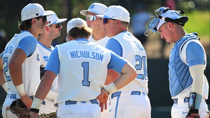 Jun 5, 2026; Chapel Hill, NC, USA;  North Carolina Tar Heels head coach Scott Forbes makes a visit to the mound in the seventh inning against the USC Trojans at Boshamer Stadium. Mandatory Credit: Zachary Taft-Imagn Images
