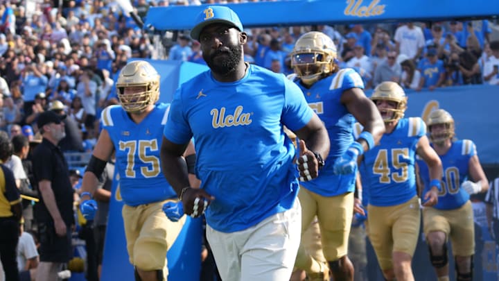 Sep 14, 2024; Pasadena, California, USA; UCLA Bruins head coach DeShaun Foster enters the field before the game against the Indiana Hoosiers at Rose Bowl. Mandatory Credit: Kirby Lee-Imagn Images