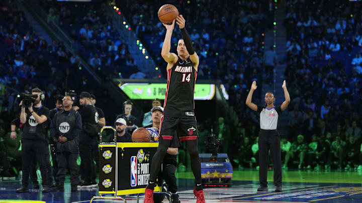 Feb 15, 2025; San Francisco, CA, USA; Miami Heat guard Tyler Herro (14) competes in the three-point contest during All Star Saturday Night ahead of the 2025 NBA All Star Game at Chase Center. Mandatory Credit: Kyle Terada-Imagn Images Feb 15, 2025; San Francisco, CA, USA; Miami Heat guard Tyler Herro (14) competes in the three-point contest during All Star Saturday Night ahead of the 2025 NBA All Star Game at Chase Center. Mandatory Credit: Kyle Terada-Imagn Images