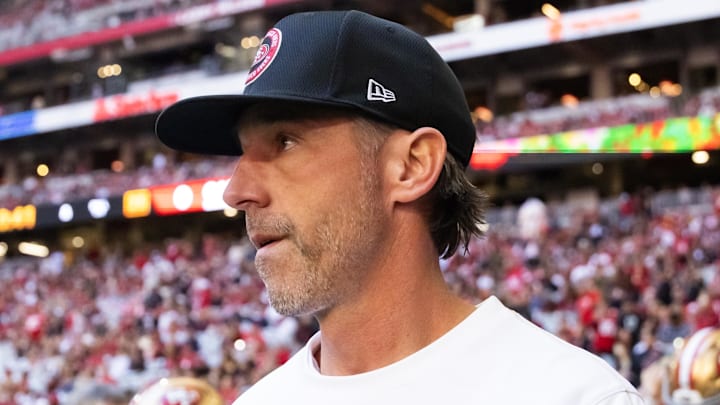 Jan 5, 2025; Glendale, Arizona, USA; San Francisco 49ers head coach Kyle Shanahan against the Arizona Cardinals at State Farm Stadium. Mandatory Credit: Mark J. Rebilas-Imagn Images