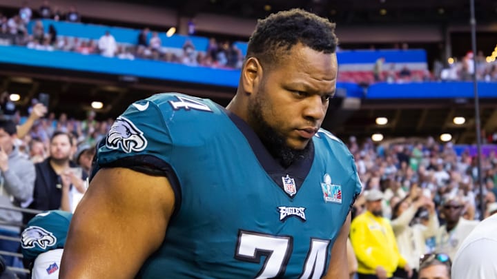 Feb 12, 2023; Glendale, Arizona, US; Philadelphia Eagles defensive tackle Ndamukong Suh (74) against the Kansas City Chiefs during Super Bowl LVII at State Farm Stadium. Mandatory Credit: Mark J. Rebilas-Imagn Images