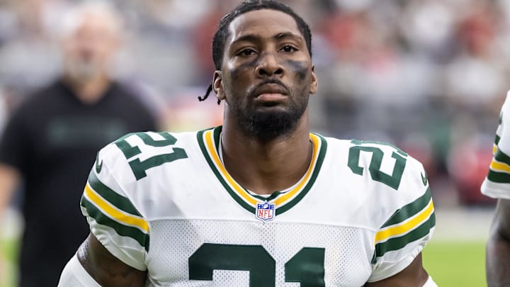 Oct 19, 2025; Glendale, Arizona, USA; Green Bay Packers cornerback Nate Hobbs (21) against the Arizona Cardinals at State Farm Stadium.