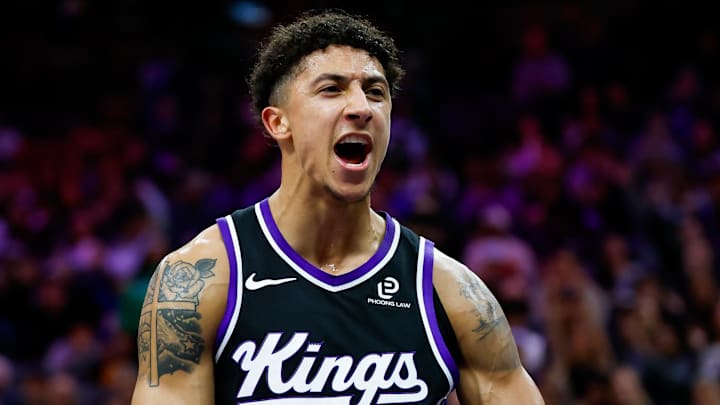 Jan 20, 2026; Sacramento, California, USA; Sacramento Kings guard Nique Clifford (5) reacts after scoring against the Miami Heat during the fourth quarter at Golden 1 Center. Mandatory Credit: Sergio Estrada-Imagn Images