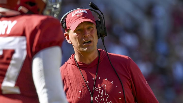 Apr 13, 2024; Tuscaloosa, AL, USA;  Alabama head coach Kalen DeBoer coaches his team during the