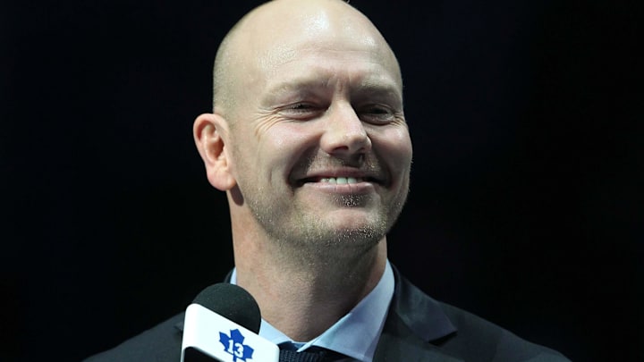 Feb 11, 2012; Toronto, ON, Canada; Toronto Maple Leafs former player Mats Sundin (13) speaks as his number 13 is honored in a pre-game ceremony before the Leafs game against the Montreal Canadiens at the Air Canada Centre. The Canadiens beat the Maple Leafs 5-0. Mandatory Credit: Tom Szczerbowski-Imagn Images