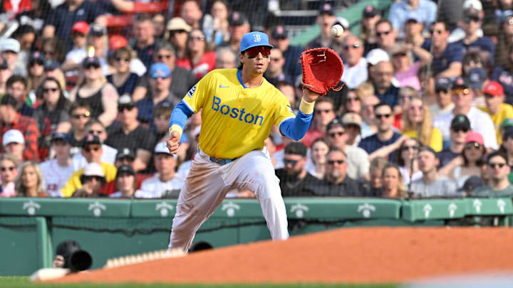 Apr 19, 2025; Boston, Massachusetts, USA; Boston Red Sox first baseman Triston Casas (36) makes a catch for an out against the Chicago White Sox during the fourth inning at Fenway Park. Mandatory Credit: Eric Canha-Imagn Images