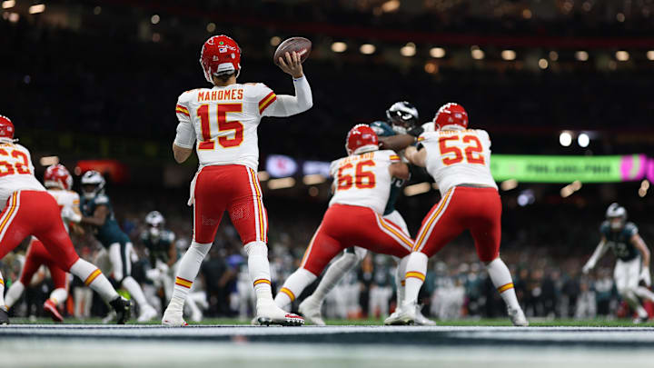 Feb 9, 2025; New Orleans, LA, USA; Kansas City Chiefs quarterback Patrick Mahomes (15) passes the ball from his own end zone against the Philadelphia Eagles during Super Bowl LIX at Caesars Superdome. Mandatory Credit: Geoff Burke-Imagn Images Feb 9, 2025; New Orleans, LA, USA; Kansas City Chiefs quarterback Patrick Mahomes (15) passes the ball from his own end zone against the Philadelphia Eagles during Super Bowl LIX at Caesars Superdome. Mandatory Credit: Geoff Burke-Imagn Images