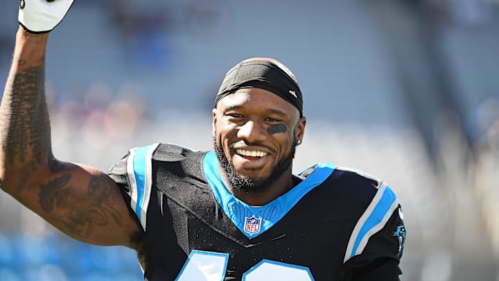 Oct 29, 2023; Charlotte, North Carolina, USA; Carolina Panthers linebacker Deion Jones (40) at Bank of America Stadium. Mandatory Credit: Bob Donnan-Imagn Images