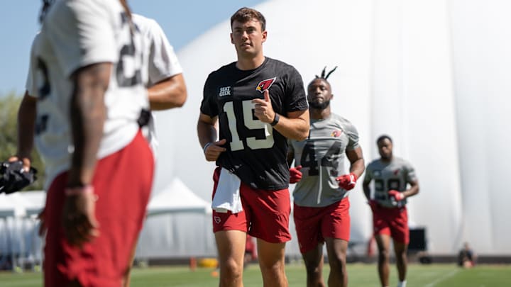 Arizona Cardinals quarterback Clayton Tune (15) practices in the Cardinals rookie minicamp in Tempe