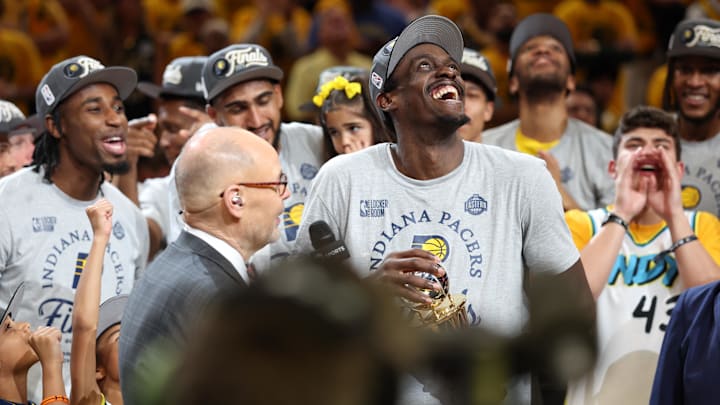 May 31, 2025; Indianapolis, Indiana, USA; Indiana Pacers forward Pascal Siakam (43) reacts after receiving the Larry Bird MVP Trophy after game six of the eastern conference finals against the New York Knicks for the 2025 NBA Playoffs at Gainbridge Fieldhouse. Mandatory Credit: Trevor Ruszkowski-Imagn Images