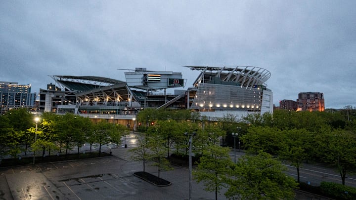 Apr 23, 2020; Cincinnati, Ohio, USA; A view of Paul Brown Stadium after the Cincinnati Bengals select LSU quarterback Joe Burrow (not pictured) number one overall in the 2020 NFL Draft. Mandatory Credit: Aaron Doster-Imagn Images Apr 23, 2020; Cincinnati, Ohio, USA; A view of Paul Brown Stadium after the Cincinnati Bengals select LSU quarterback Joe Burrow (not pictured) number one overall in the 2020 NFL Draft. Mandatory Credit: Aaron Doster-Imagn Images