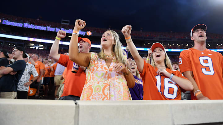 Clemson fans cheer at Memorial Stadium before Clemson's home opener against Appalachian State on Saturday, Sept. 7, 2024.