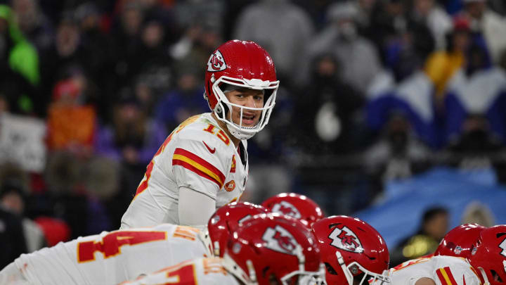 Jan 28, 2024; Baltimore, Maryland, USA; Kansas City Chiefs quarterback Patrick Mahomes (15) prepares for a snap during the second half against the Baltimore Ravens in the AFC Championship football game at M&T Bank Stadium. Mandatory Credit: Tommy Gilligan-USA TODAY Sports