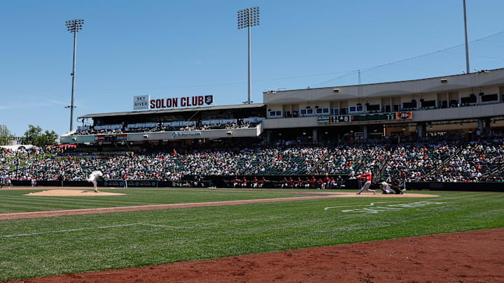 May 22, 2025; West Sacramento, California, USA; Athletics starting pitcher Luis Severino (40) throws a pitch to Los Angeles Angels left fielder Taylor Ward (3) during the sixth inning at Sutter Health Park. Mandatory Credit: Sergio Estrada-Imagn Images