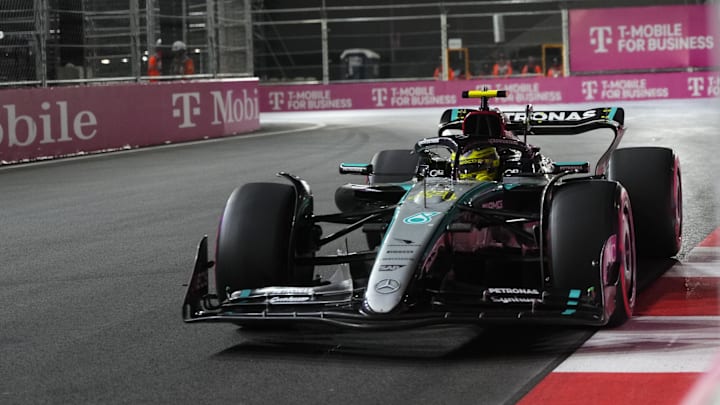 Nov 22, 2024; Las Vegas, Nevada, USA; Mercedes AMG Petronas F1 Team driver Lewis Hamilton of Great Britain (44) drives during qualifiers for the Formula 1 Heineken Silver Las Vegas Grand Prix 2024 at the Las Vegas Circuit. Mandatory Credit: Lucas Peltier-Imagn Images Nov 22, 2024; Las Vegas, Nevada, USA; Mercedes AMG Petronas F1 Team driver Lewis Hamilton of Great Britain (44) drives during qualifiers for the Formula 1 Heineken Silver Las Vegas Grand Prix 2024 at the Las Vegas Circuit. Mandatory Credit: Lucas Peltier-Imagn Images