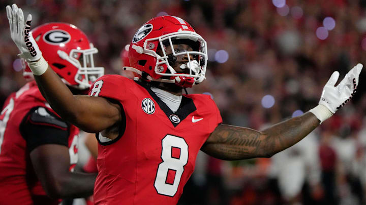 Georgia Bulldogs wide receiver Colbie Young (8) celebrates after scoring a touchdown during the first half of a NCAA college football game against Alabama in Athens, Ga., on Saturday, September 27, 2025.