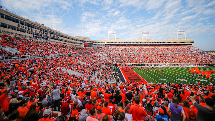 Fans fill the stadium during a Bedlam college football game between the Oklahoma State University Cowboys (OSU) and the University of Oklahoma Sooners (OU) at Boone Pickens Stadium in Stillwater, Oklahoma on Saturday, Nov. 4, 2023. Fans fill the stadium during a Bedlam college football game between the Oklahoma State University Cowboys (OSU) and the University of Oklahoma Sooners (OU) at Boone Pickens Stadium in Stillwater, Oklahoma on Saturday, Nov. 4, 2023.