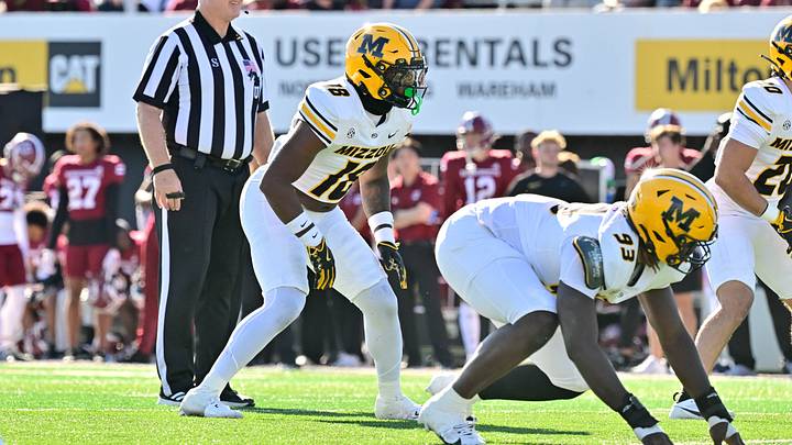 Oct 12, 2024; Amherst, Massachusetts, USA; Missouri Tigers linebacker Jeremiah Beasley (18) lines up against the Massachusetts Minutemen during the second half at Warren McGuirk Alumni Stadium. Mandatory Credit: Eric Canha-Imagn Images
