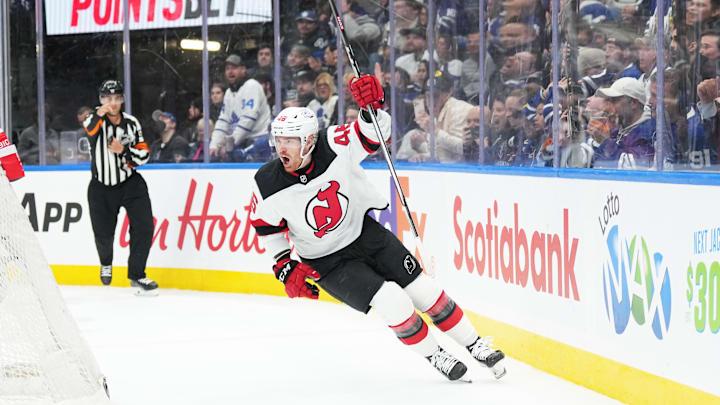 New Jersey Devils center Max Willman (46) celebrates scoring