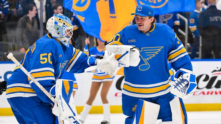 Mar 28, 2026; St. Louis, Missouri, USA; St. Louis Blues goaltender Jordan Binnington (50) is congratulated by goaltender Joel Hofer (30) after the Blues defeated the Toronto Maple Leafs at Enterprise Center. Mandatory Credit: Jeff Curry-Imagn Images Mar 28, 2026; St. Louis, Missouri, USA; St. Louis Blues goaltender Jordan Binnington (50) is congratulated by goaltender Joel Hofer (30) after the Blues defeated the Toronto Maple Leafs at Enterprise Center. Mandatory Credit: Jeff Curry-Imagn Images