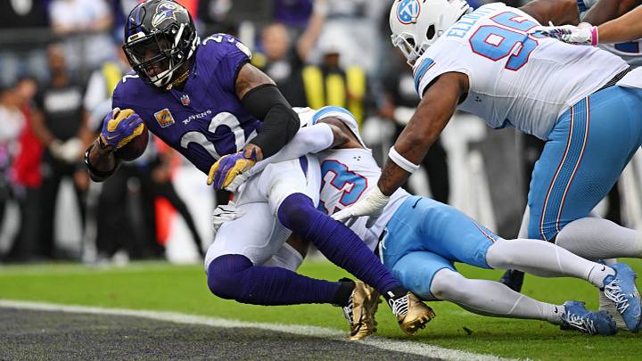 Oct 4, 2026; Baltimore, Maryland, USA; Baltimore Ravens running back Derrick Henry (22) pushes for a touchdown during the first quarter against the Tennessee Titans at M&T Bank Stadium. Mandatory Credit: Tommy Gilligan-Imagn Images Oct 4, 2026; Baltimore, Maryland, USA; Baltimore Ravens running back Derrick Henry (22) pushes for a touchdown during the first quarter against the Tennessee Titans at M&T Bank Stadium. Mandatory Credit: Tommy Gilligan-Imagn Images