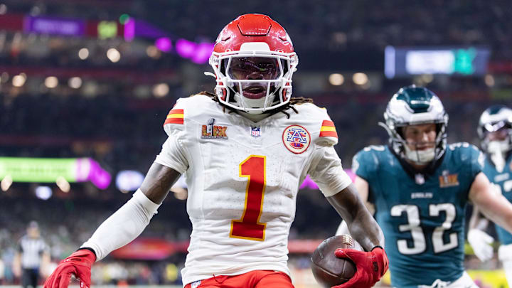 Feb 9, 2025; New Orleans, LA, USA;  Kansas City Chiefs wide receiver Xavier Worthy (1) against the Philadelphia Eagles in Super Bowl LIX at Ceasars Superdome. Mandatory Credit: Mark J. Rebilas-Imagn Images