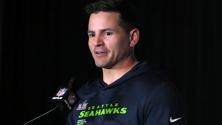  Seattle Seahawks head coach Mike MacDonald speaks to the media.