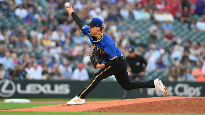 Seattle Mariners starting pitcher Bryce Miller throws during a game against the New York Mets on Aug. 9 at T-Mobile Park. Seattle Mariners starting pitcher Bryce Miller throws during a game against the New York Mets on Aug. 9 at T-Mobile Park.