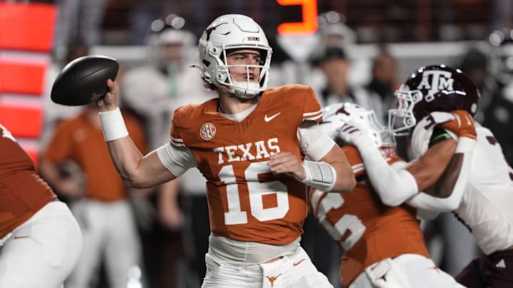 Nov 28, 2025; Austin, Texas, USA; Texas Longhorns quarterback Arch Manning throws a pass during the first half against the Texas A&M Aggies at Darrell K Royal-Texas Memorial Stadium. Mandatory Credit: Scott Wachter-Imagn Images