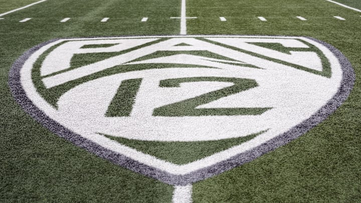 Oct 21, 2023; Eugene, Oregon, USA; A view of the PAC-12 field logo before the game between the Oregon Ducks and the Washington State Cougars at Autzen Stadium. Mandatory Credit: Soobum Im-Imagn Images