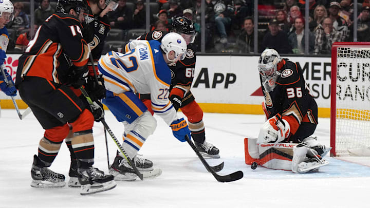 Jan 23, 2024; Anaheim, California, USA; Buffalo Sabres right wing Jack Quinn (22) shoots the puck