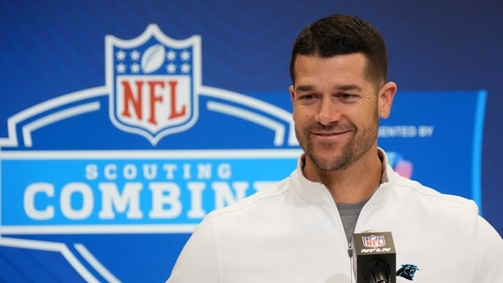 Feb 25, 2025; Indianapolis, IN, USA; Carolina Panthers coach Dave Canales speaks during the NFL Scouting Combine at the Indiana Convention Center. Mandatory Credit: Kirby Lee-Imagn Images